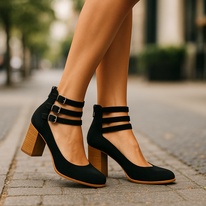Maria Kline Triple-Strap Heels