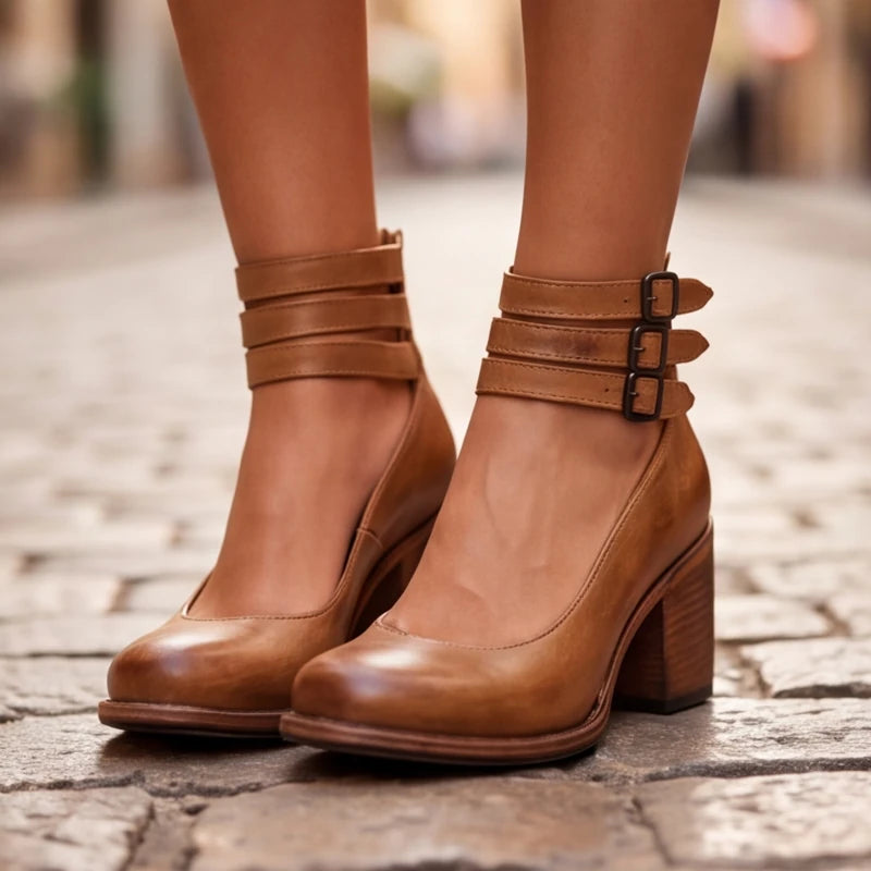 Marianna Leather Strap Heels - Brown - block heel - Brondals - Image 5