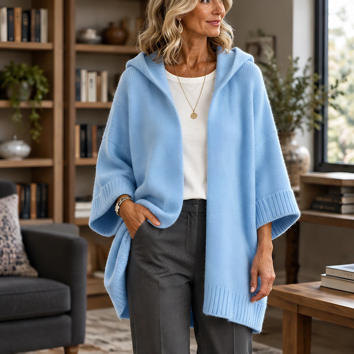 Adelina Women's Hooded Poncho Cardigan - Sky Blue - Women's Clothing > Sweaters & Cardigans > Cardigans - Brondals - Image 1