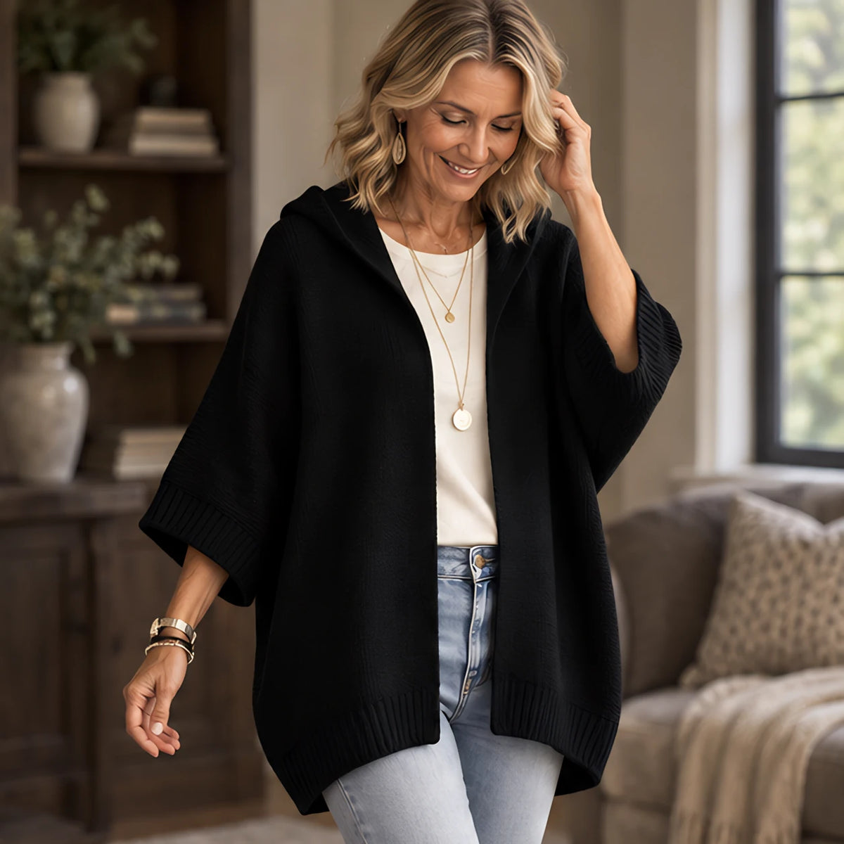 Adelina Women's Hooded Poncho Cardigan - Black - 23 sept - Brondals - Image 2