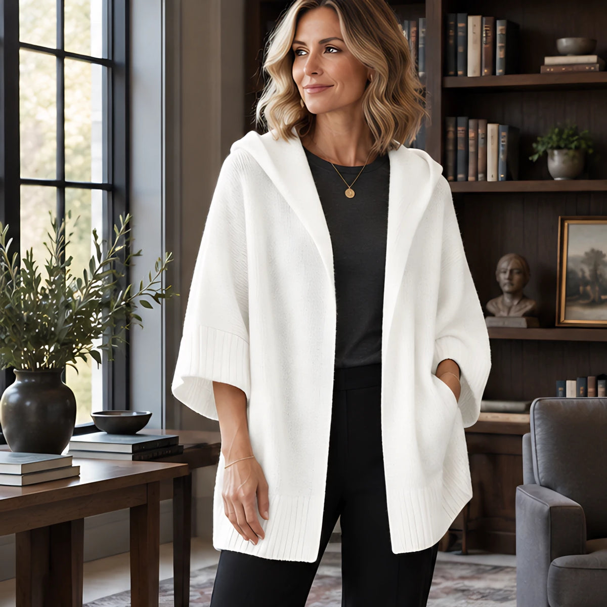 Adelina Women's Hooded Poncho Cardigan - White - Women's Clothing > Sweaters & Cardigans > Cardigans - Brondals - Image 1