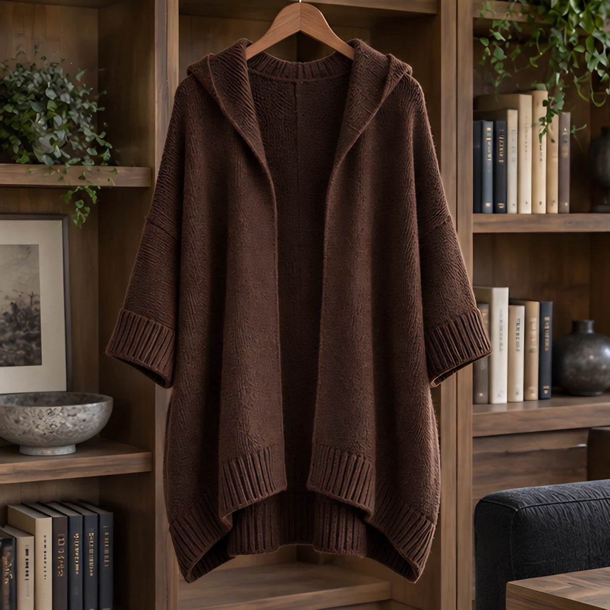 Adelina Women's Hooded Poncho Cardigan - Dk Brown - ai-processed - Brondals - Image 3