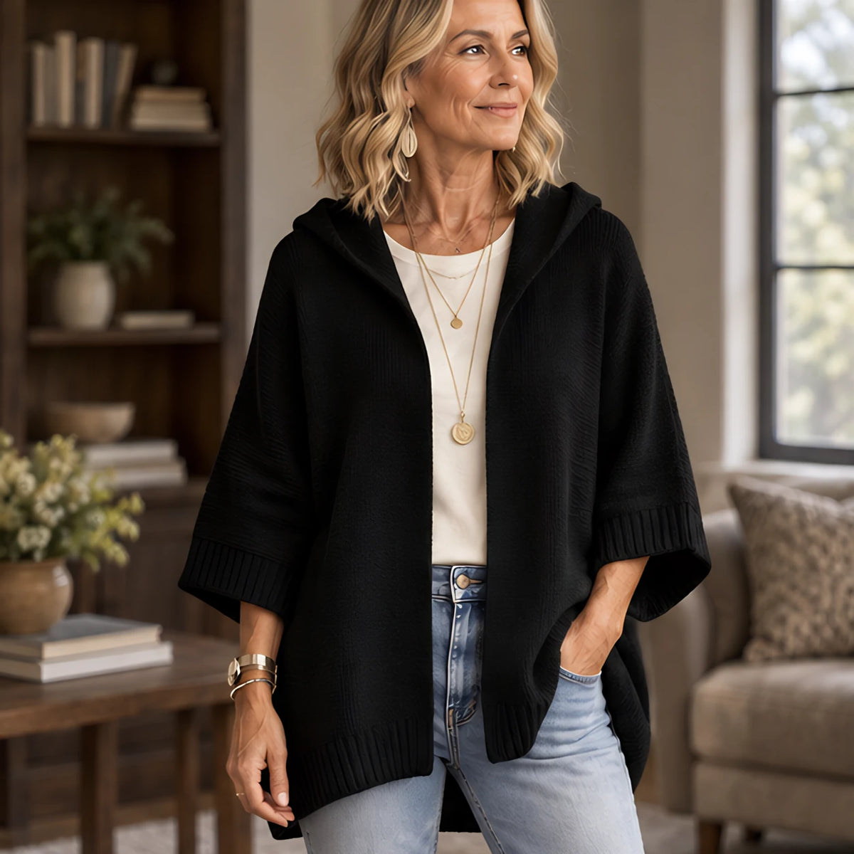 Adelina Women's Hooded Poncho Cardigan - Black - Women's Clothing > Sweaters & Cardigans > Cardigans - Brondals - Image 1