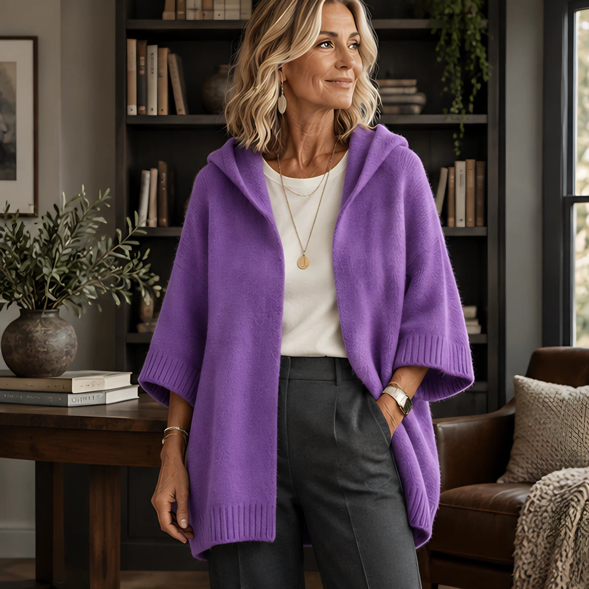 Adelina Women's Hooded Poncho Cardigan - Purple - Women's Clothing > Sweaters & Cardigans > Cardigans - Brondals - Image 1