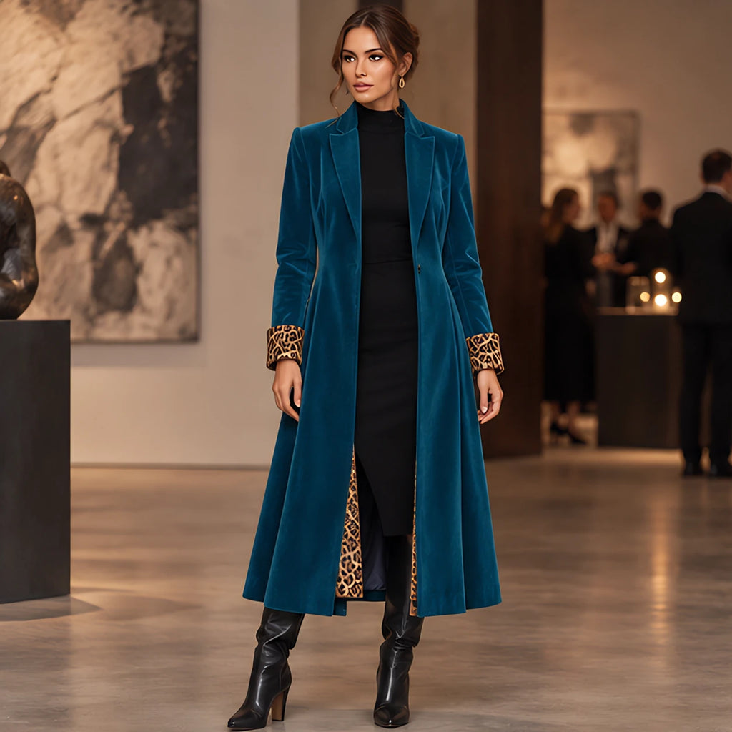 Alessandrina Women's Single-Breasted Floor-Length Velvet Duster Coat - Blue - Women's Clothing > Outerwear > Duster Coats - Brondals - Image 1