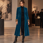 Alessandrina Women's Single-Breasted Floor-Length Velvet Duster Coat - Blue - Women's Clothing > Outerwear > Duster Coats - Brondals - Image 1