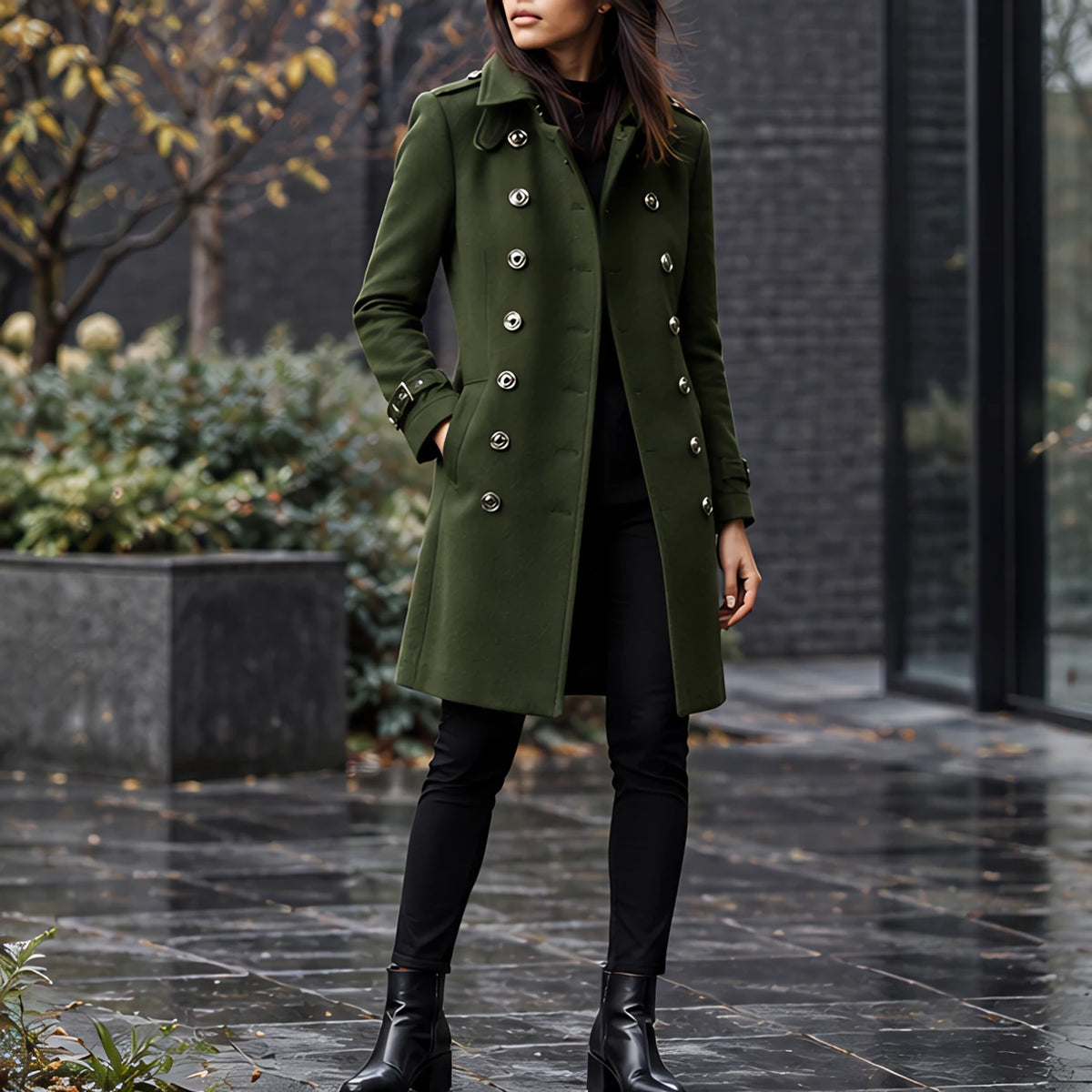 Amabel Women's Double-Breasted Military Coat - Army Green - Women's Clothing > Outerwear > Coats - Brondals - Image 1
