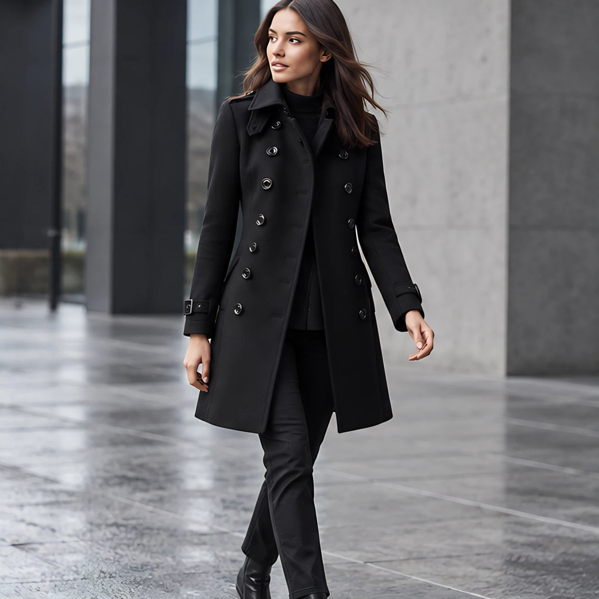 Amabel Women's Double-Breasted Military Coat - Black - Women's Clothing > Outerwear > Coats - Brondals - Image 1
