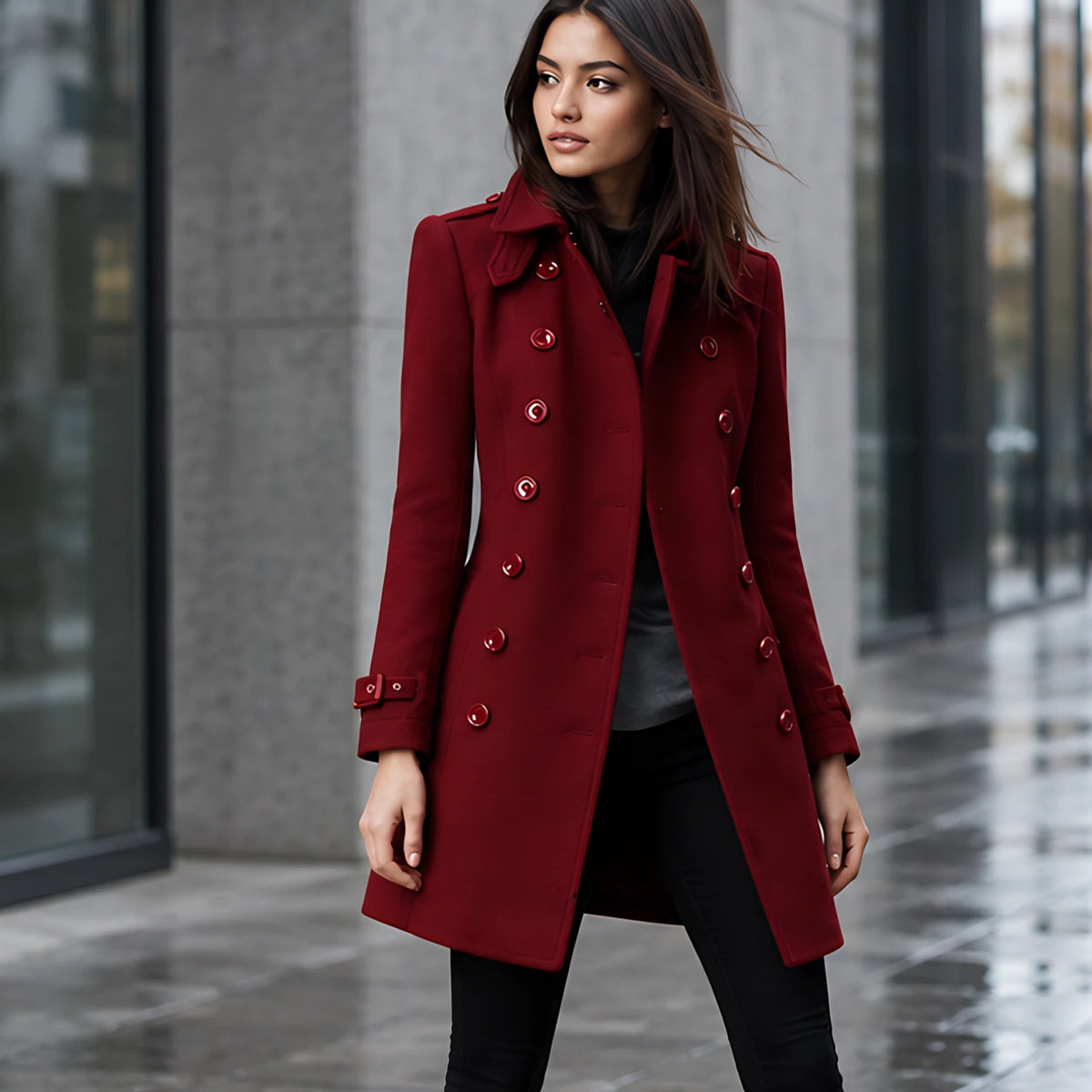 Amabel Women's Double-Breasted Military Coat - Wine Red - Women's Clothing > Outerwear > Coats - Brondals - Image 1