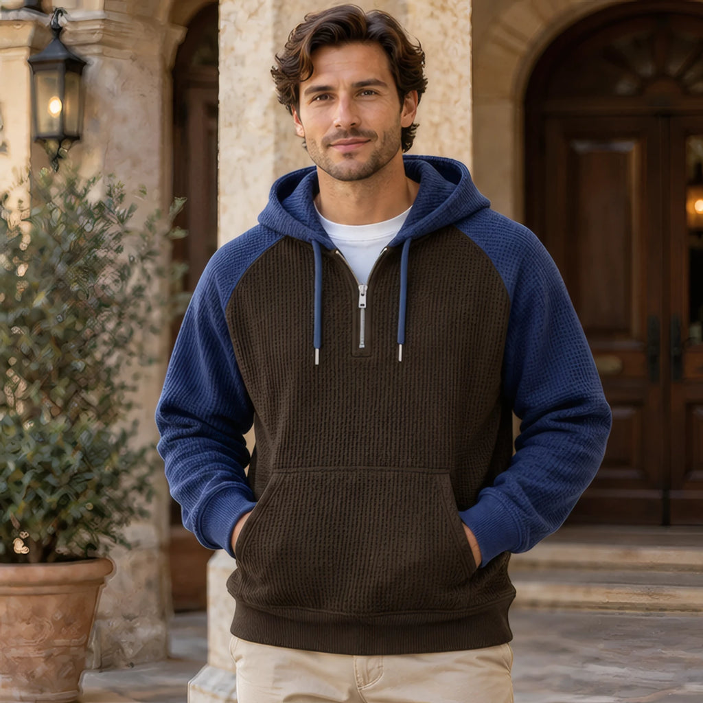 Anselm Waffle-Knit Half-Zip Hoodie - Navy Brown - Clothing > Hoodies > Half-Zip Hoodies - Brondals - Image 1