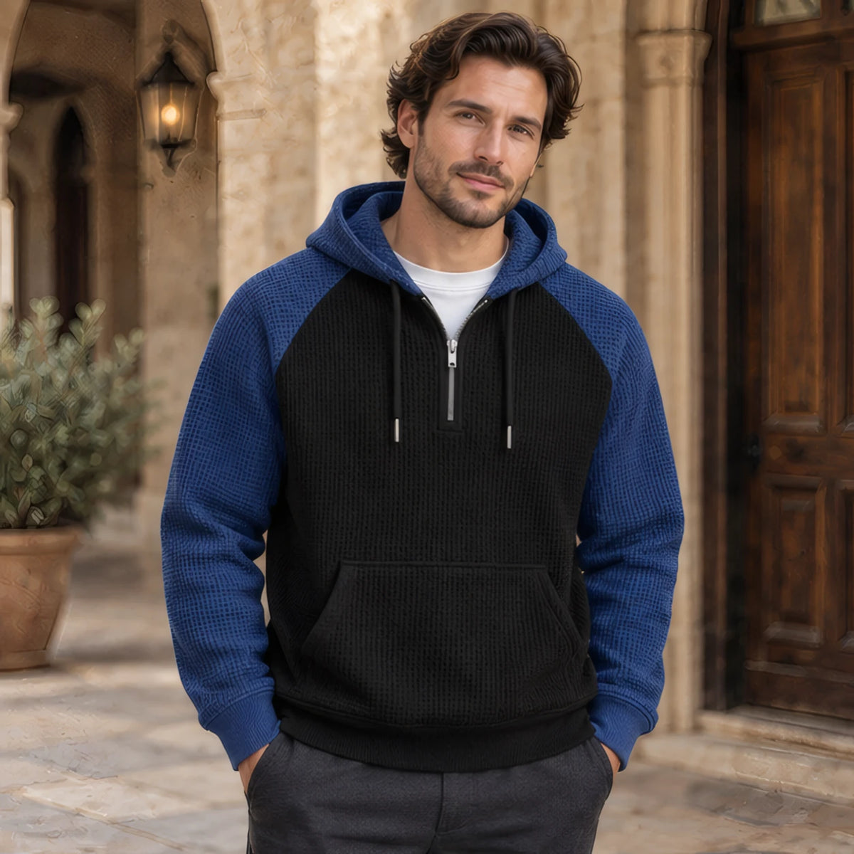 Anselm Waffle-Knit Half-Zip Hoodie - Navy Black - Clothing > Hoodies > Half-Zip Hoodies - Brondals - Image 1