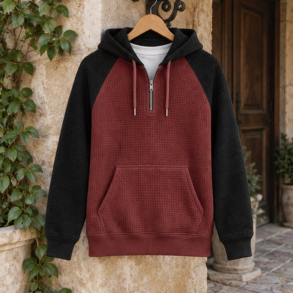 Anselm Waffle-Knit Half-Zip Hoodie - Black Maroon - hoodie - Brondals - Image 3