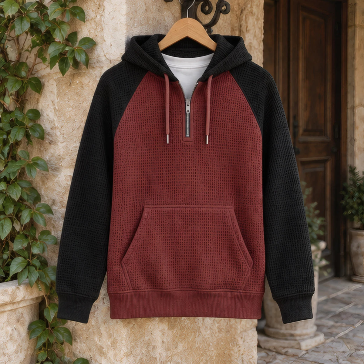 Anselm Waffle-Knit Half-Zip Hoodie - Black Maroon - hoodie - Brondals - Image 3