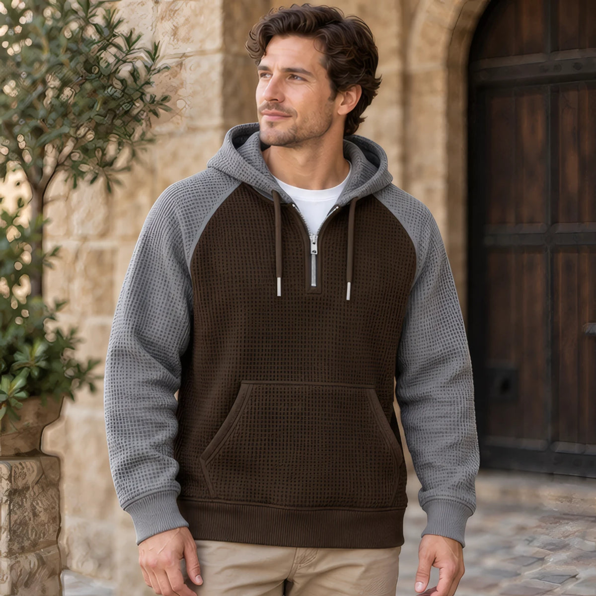 Anselm Waffle-Knit Half-Zip Hoodie - Gray Brown - Clothing > Hoodies > Half-Zip Hoodies - Brondals - Image 1