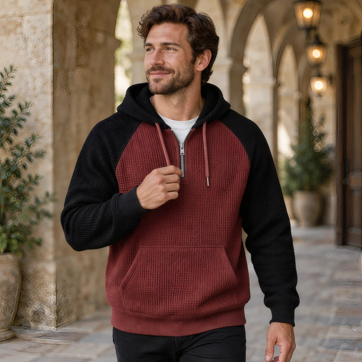 Anselm Waffle-Knit Half-Zip Hoodie - Black Maroon - Clothing > Hoodies > Half-Zip Hoodies - Brondals - Image 2