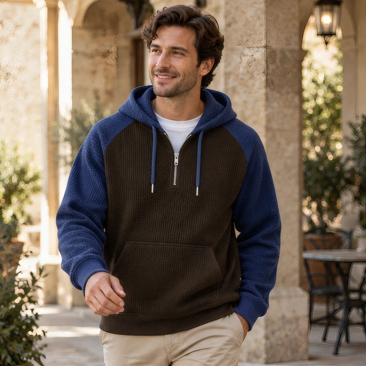 Anselm Waffle-Knit Half-Zip Hoodie - Navy Brown - Clothing > Hoodies > Half-Zip Hoodies - Brondals - Image 2