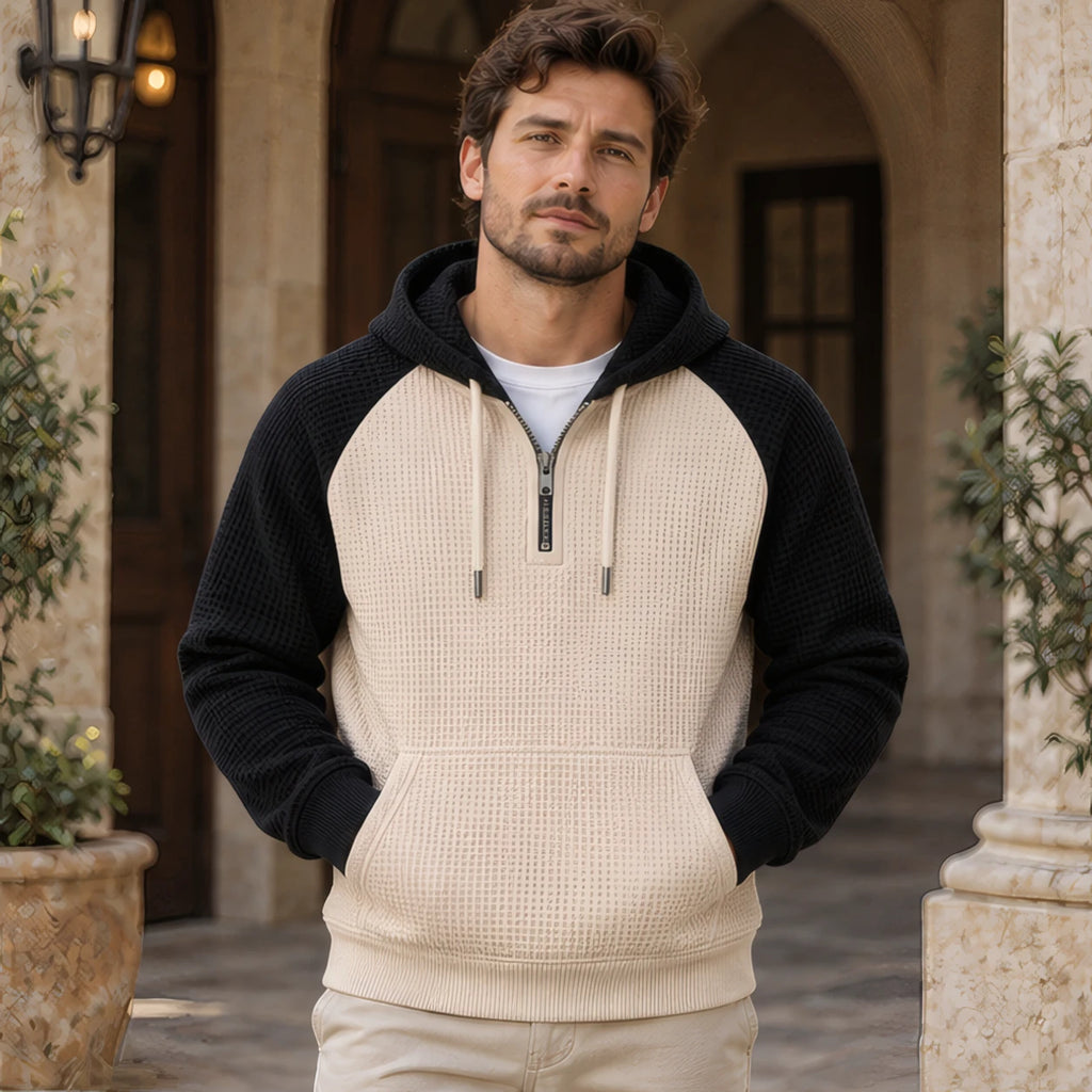 Anselm Waffle-Knit Half-Zip Hoodie - Black Beige - Clothing > Hoodies > Half-Zip Hoodies - Brondals - Image 1