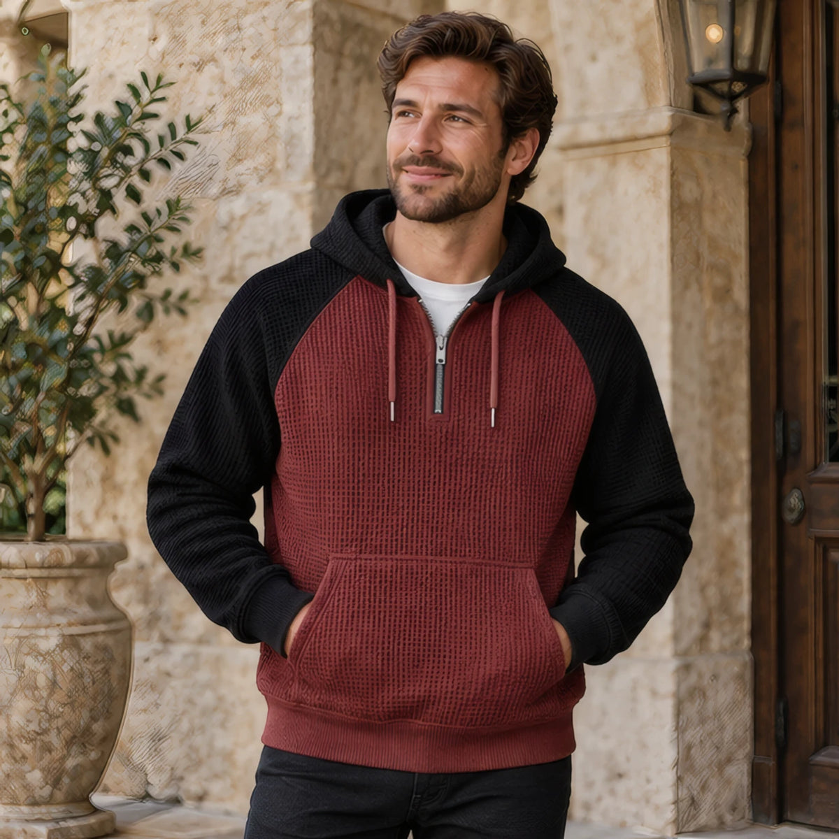 Anselm Waffle-Knit Half-Zip Hoodie - Black Maroon - Clothing > Hoodies > Half-Zip Hoodies - Brondals - Image 1