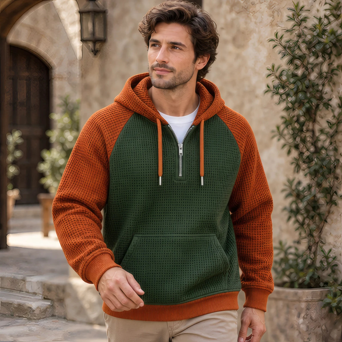 Anselm Waffle-Knit Half-Zip Hoodie - Brown Green - Clothing > Hoodies > Half-Zip Hoodies - Brondals - Image 2