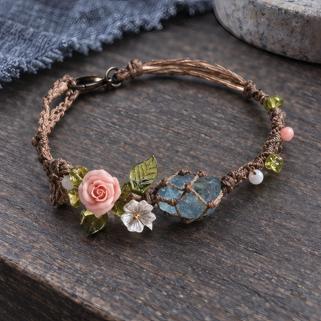 Bridget Braided Bracelet with Rough-Cut Stone and Flowers - Blue - Jewelry > Bracelets > Braided Bracelets - Brondals - Image 2