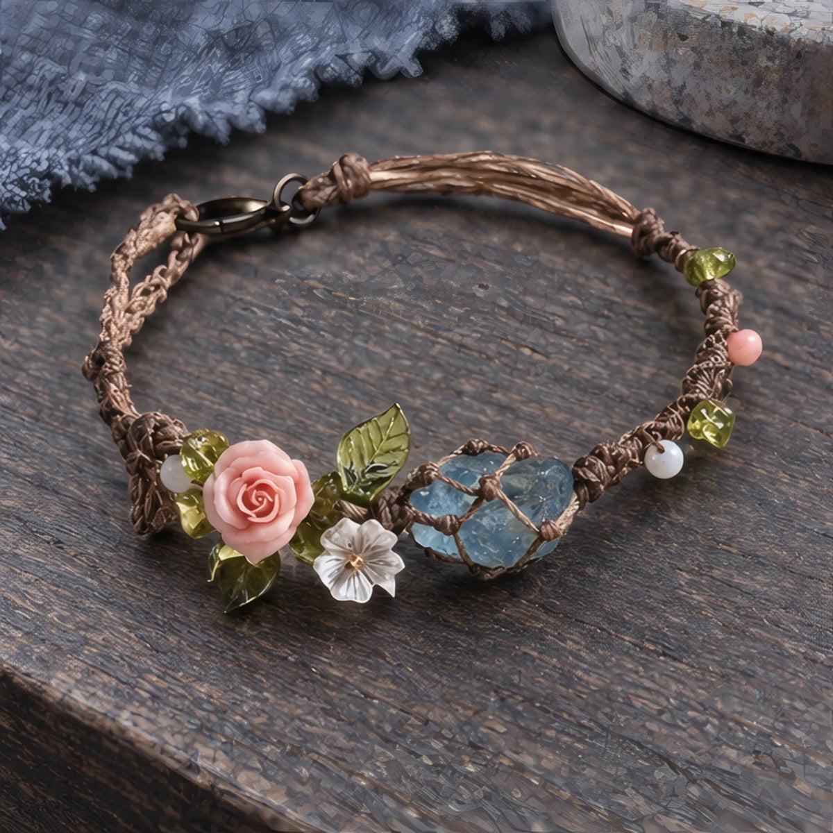 Bridget Braided Bracelet with Rough-Cut Stone and Flowers - Blue - Jewelry > Bracelets > Braided Bracelets - Brondals - Image 2
