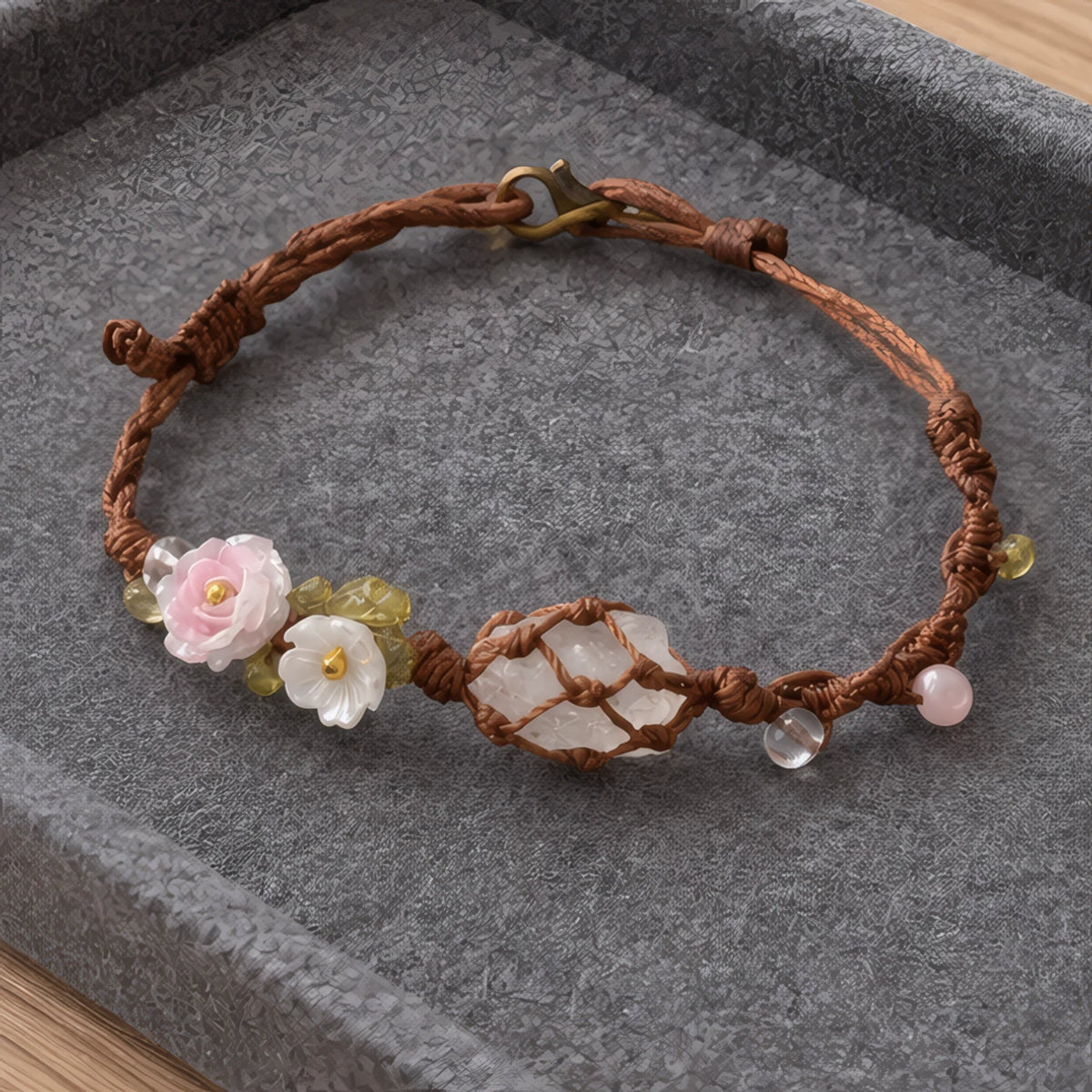 Bridget Braided Bracelet with Rough-Cut Stone and Flowers - White - Jewelry > Bracelets > Braided Bracelets - Brondals - Image 2