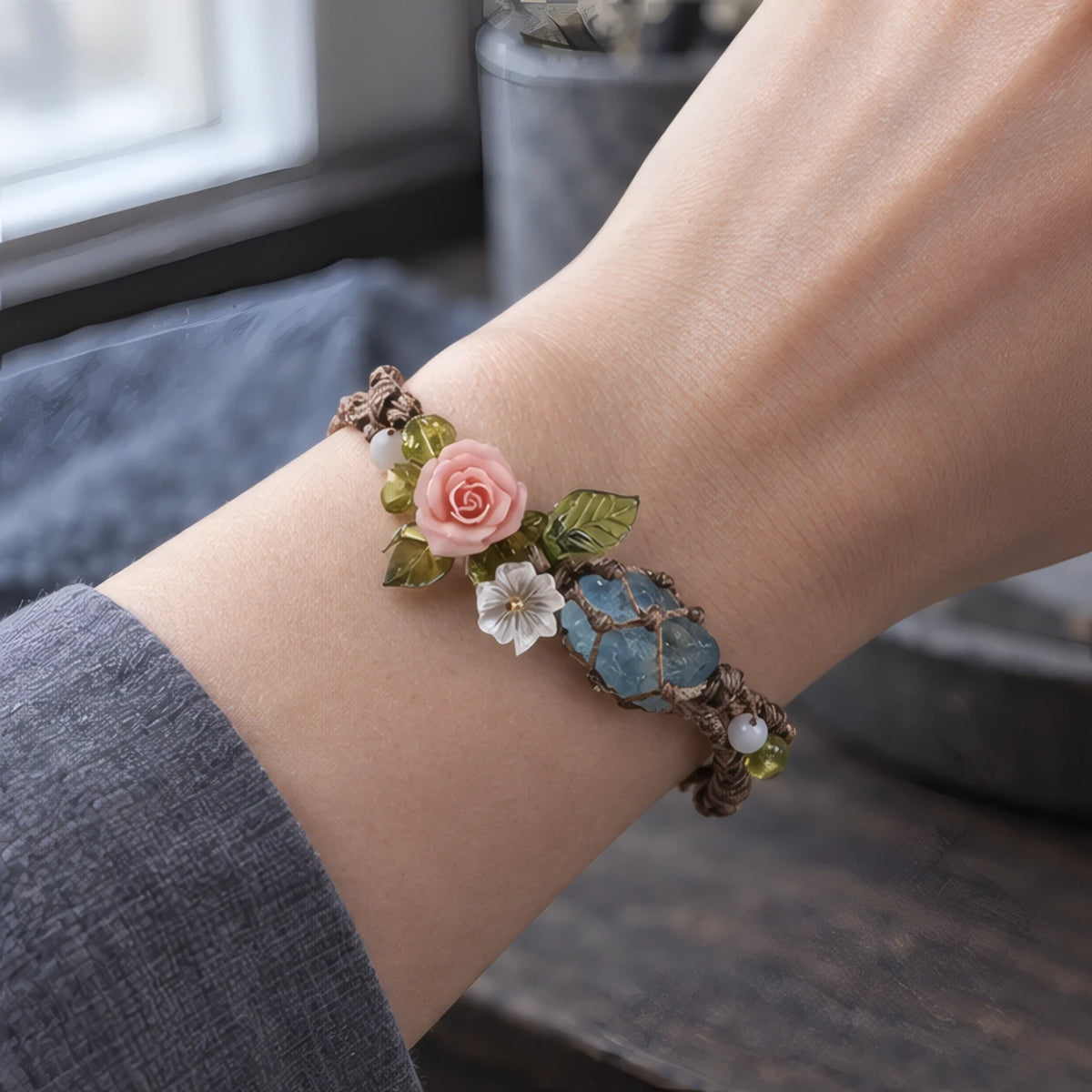 Bridget Braided Bracelet with Rough-Cut Stone and Flowers - Blue - Jewelry > Bracelets > Braided Bracelets - Brondals - Image 1