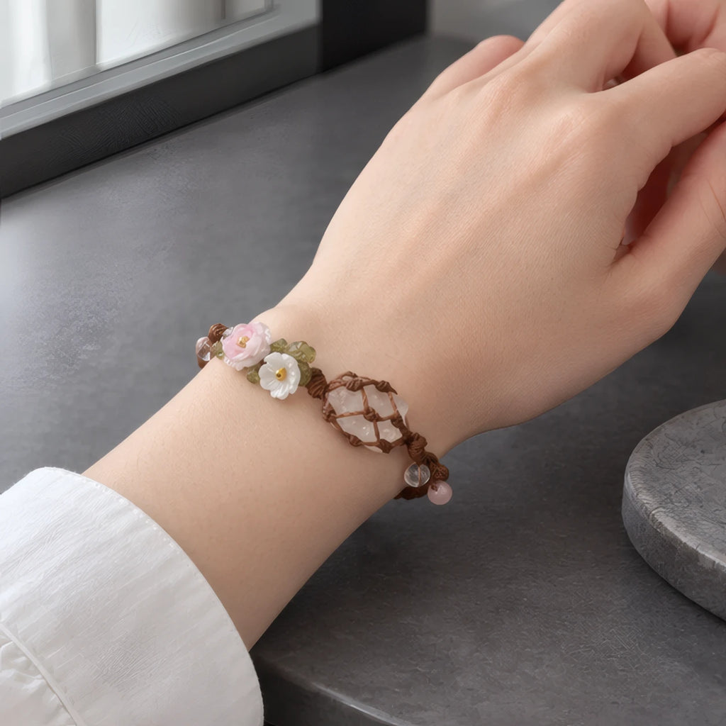 Bridget Braided Bracelet with Rough-Cut Stone and Flowers - White - Jewelry > Bracelets > Braided Bracelets - Brondals - Image 1
