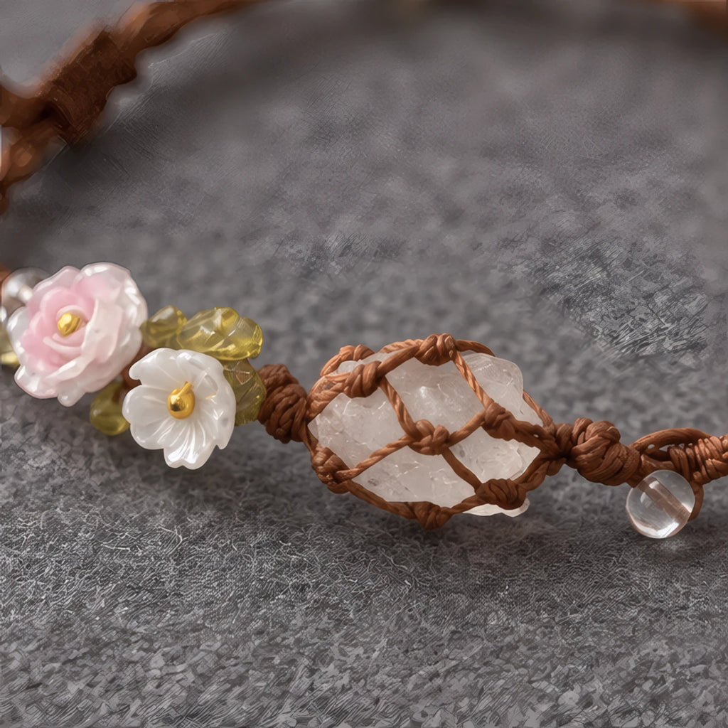 Bridget Braided Bracelet with Rough-Cut Stone and Flowers - White - jewelry - Brondals - Image 3
