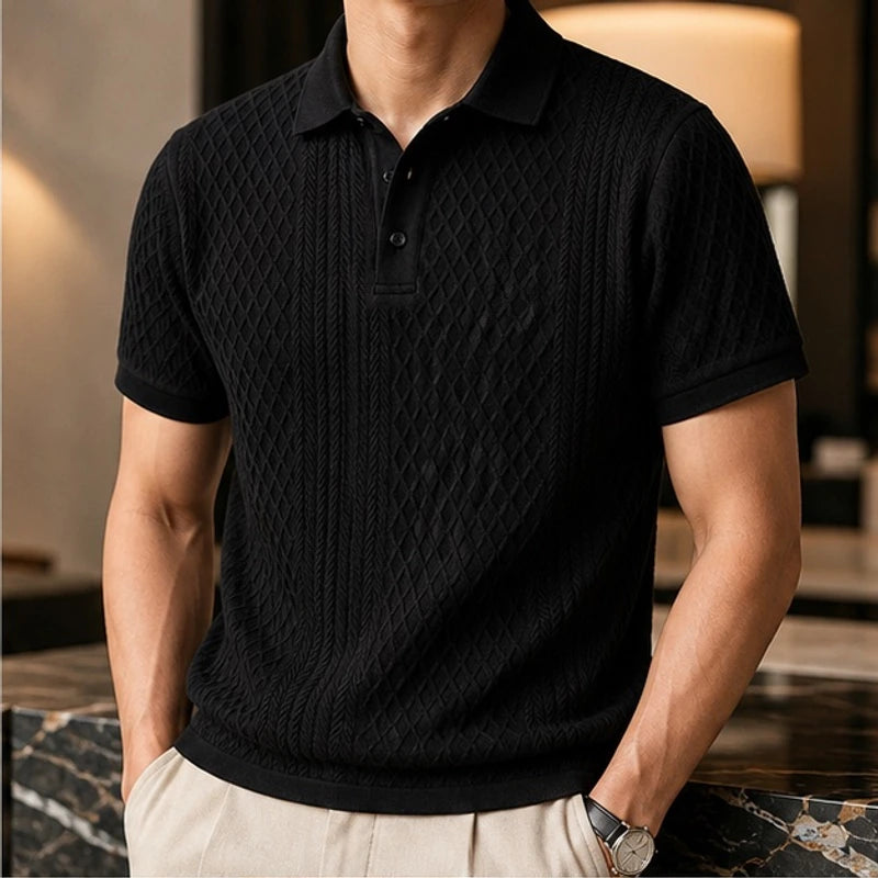 Bromley Textured Jacquard Polo - Black - jacquard knit - Brondals - Image 3