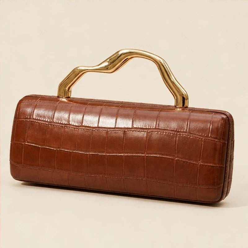 Carys Structured Croc-Embossed Leather Clutch - Gold Brown - Accessories > Handbags > Clutch Bags - Brondals - Image 2