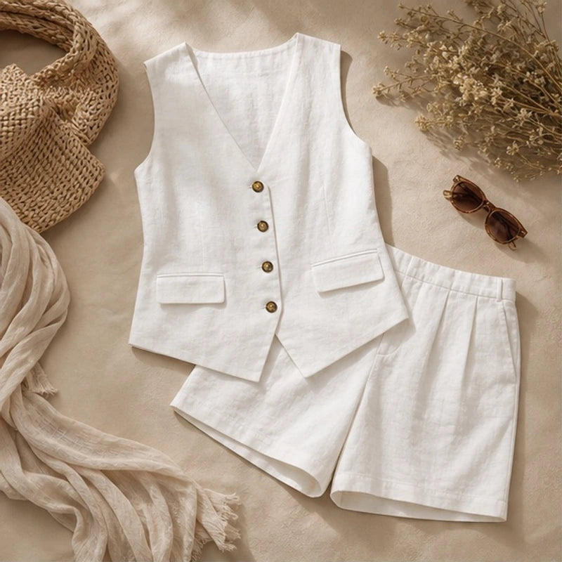 Catalina Sleeveless Linen Set - White - Outfit Set - Brondals - Image 1