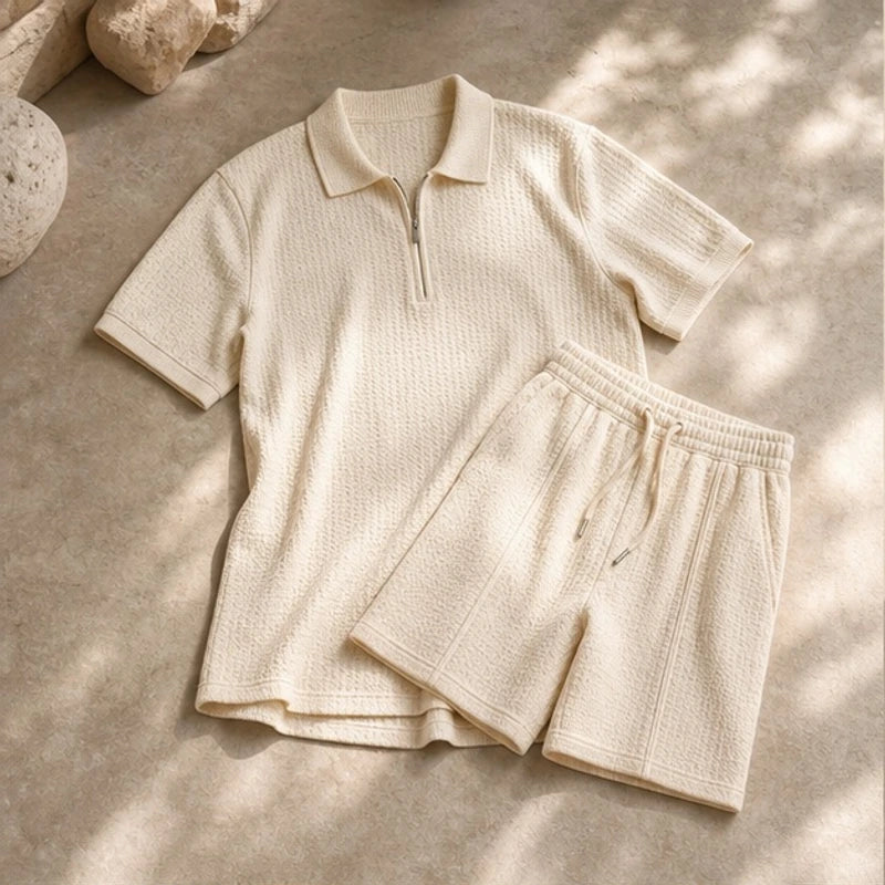 Chandler Textured Polo Short Set - Beige - Outfit Set - Brondals - Image 1