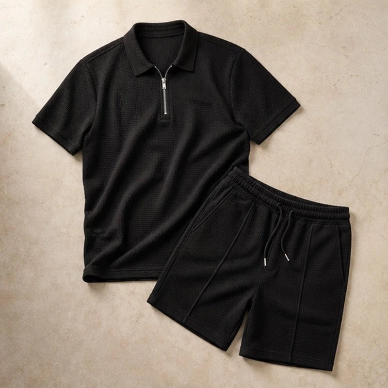 Chandler Textured Polo Short Set - Black - Outfit Set - Brondals - Image 1