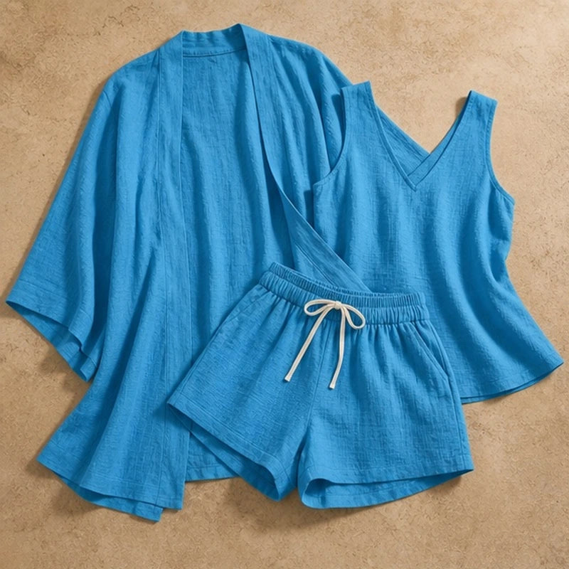 Clementine Women's Lightweight Linen 3 Piece Set - Blue - Outfit Set - Brondals - Image 1
