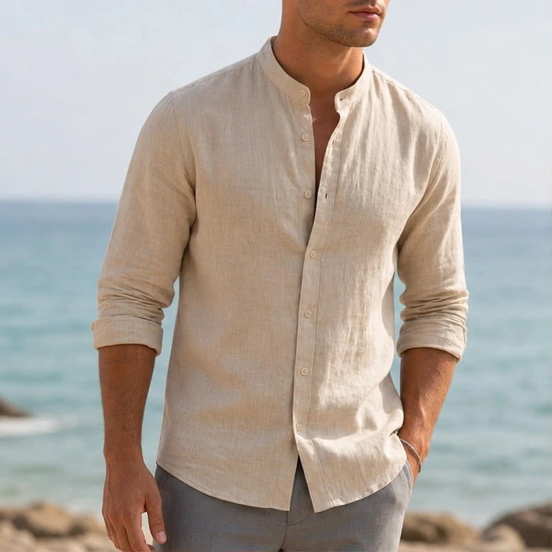 Cortland Linen Mandarin Shirt - Sand Beige - men's shirt - Brondals - Image 2