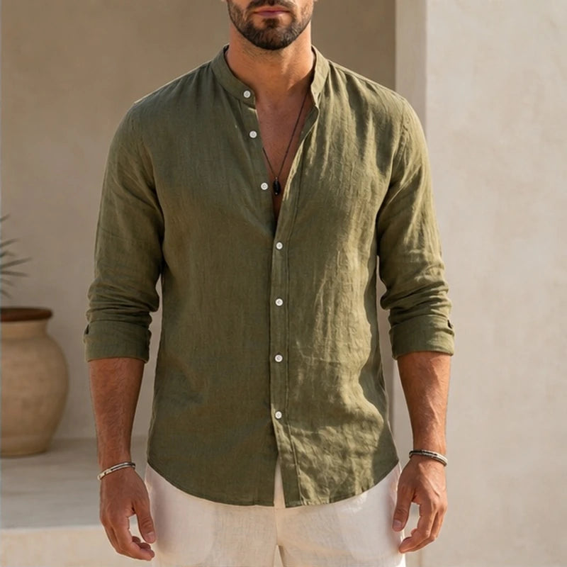 Cortland Linen Mandarin Shirt - Olive Green - men's shirt - Brondals - Image 2