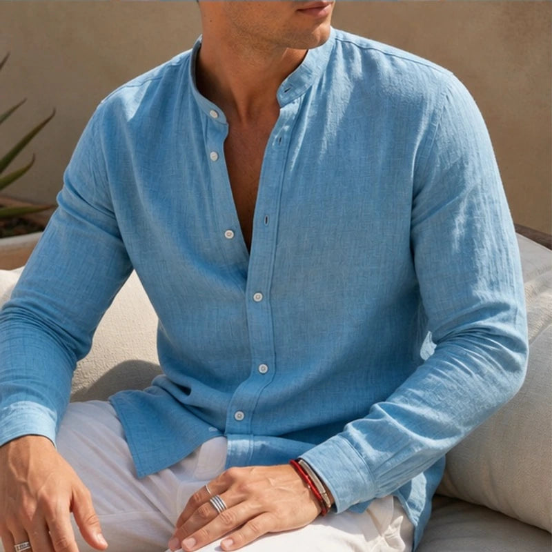 Cortland Linen Mandarin Shirt - Sky Blue - linen shirt - Brondals - Image 3