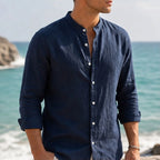 Cortland Linen Mandarin Shirt - Midnight Navy - men's shirt - Brondals - Image 2