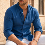Cortland Linen Mandarin Shirt - Royal Blue - linen shirt - Brondals - Image 3