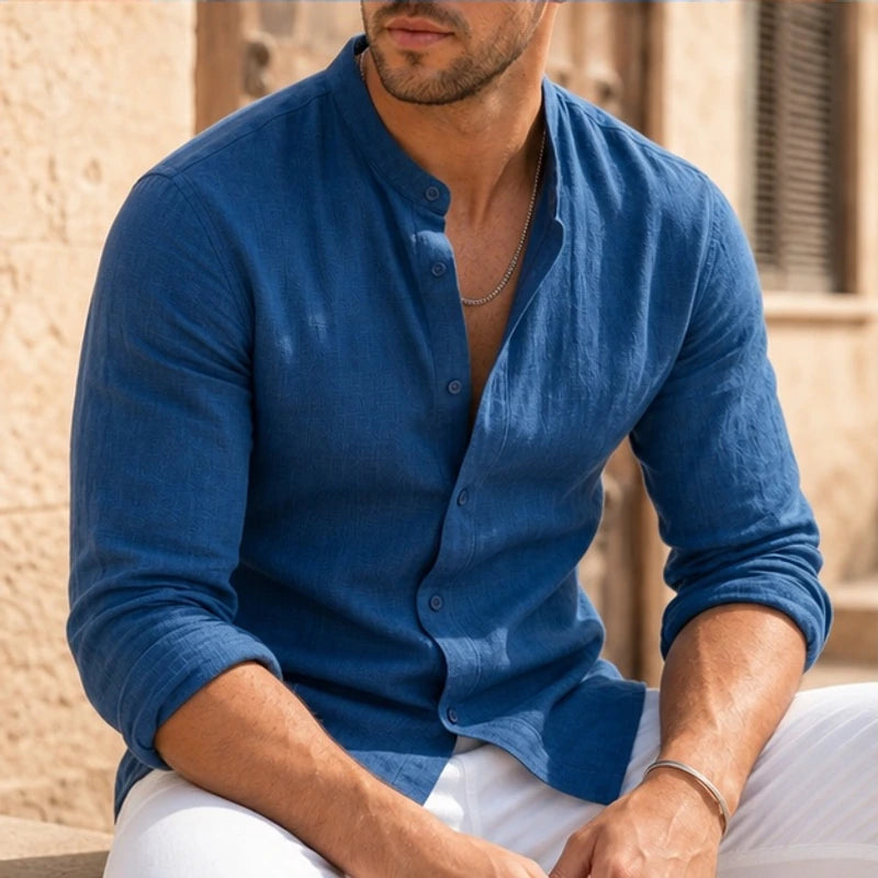 Cortland Linen Mandarin Shirt - Royal Blue - linen shirt - Brondals - Image 3