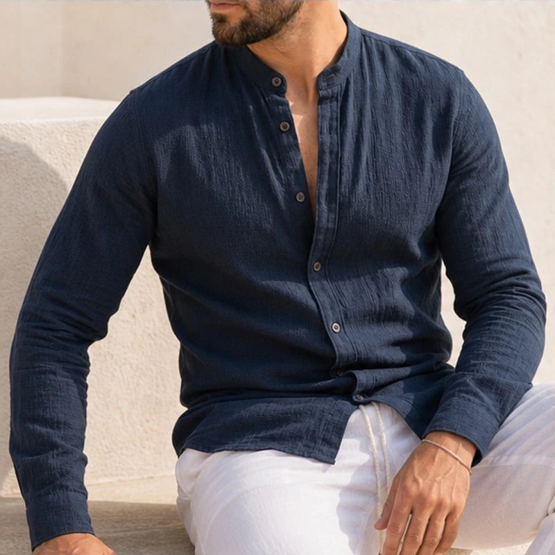 Cortland Linen Mandarin Shirt - Charcoal Navy - men's shirt - Brondals - Image 2