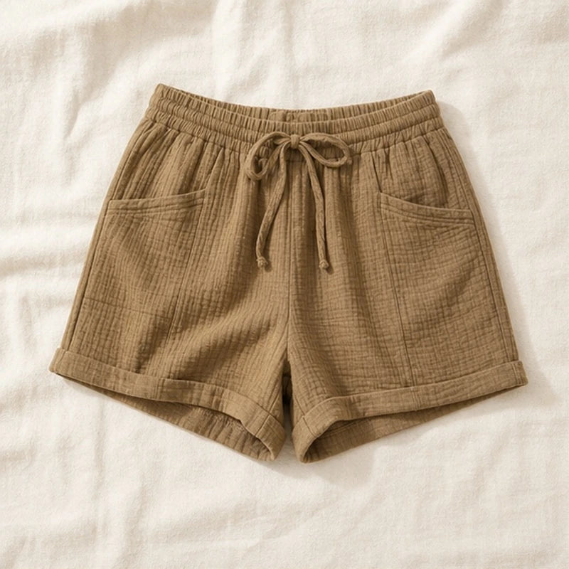 Daphne Drawstring Gauze Shorts - Brown - Shorts - Brondals - Image 1