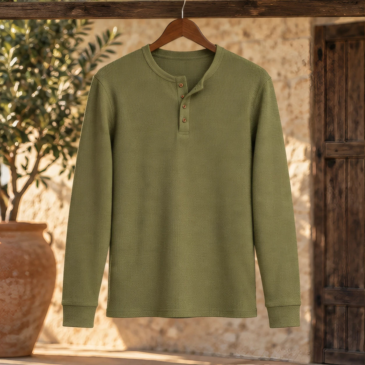 Dashiell Men's Waffle-Knit Long Sleeve Henley Shirt - Green - Men's Clothing > Shirts > Henley Shirts - Brondals - Image 2
