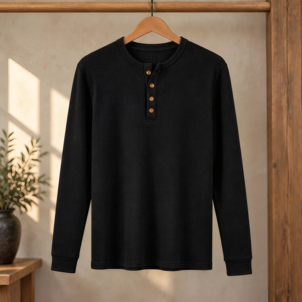 Dashiell Men's Waffle-Knit Long Sleeve Henley Shirt - Black - Men's Clothing > Shirts > Henley Shirts - Brondals - Image 2
