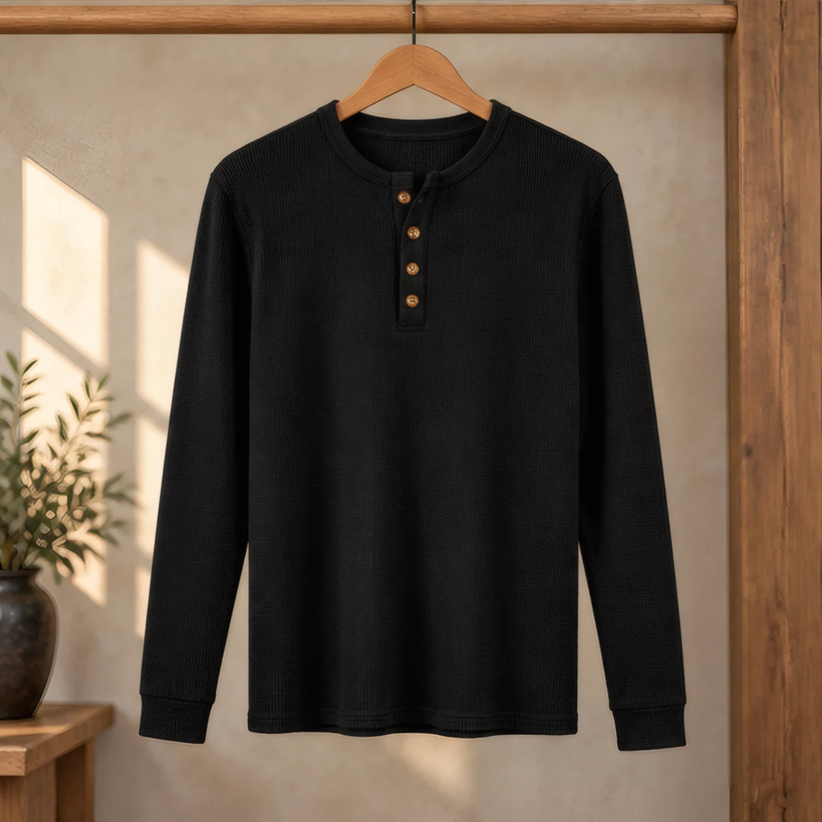 Dashiell Men's Waffle-Knit Long Sleeve Henley Shirt - Black - Men's Clothing > Shirts > Henley Shirts - Brondals - Image 2