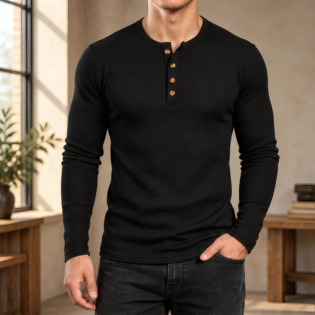 Dashiell Men's Waffle-Knit Long Sleeve Henley Shirt - Black - Men's Clothing > Shirts > Henley Shirts - Brondals - Image 1