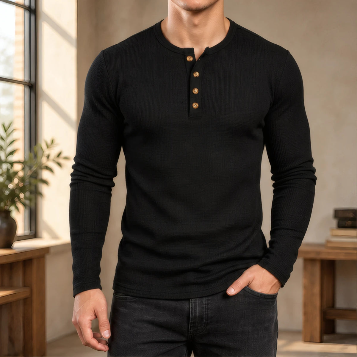 Dashiell Men's Waffle-Knit Long Sleeve Henley Shirt - Black - Men's Clothing > Shirts > Henley Shirts - Brondals - Image 1