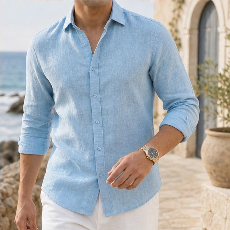 Denholm Linen Button-Up Shirt - Sky Blue - linen blend - Brondals - Image 4