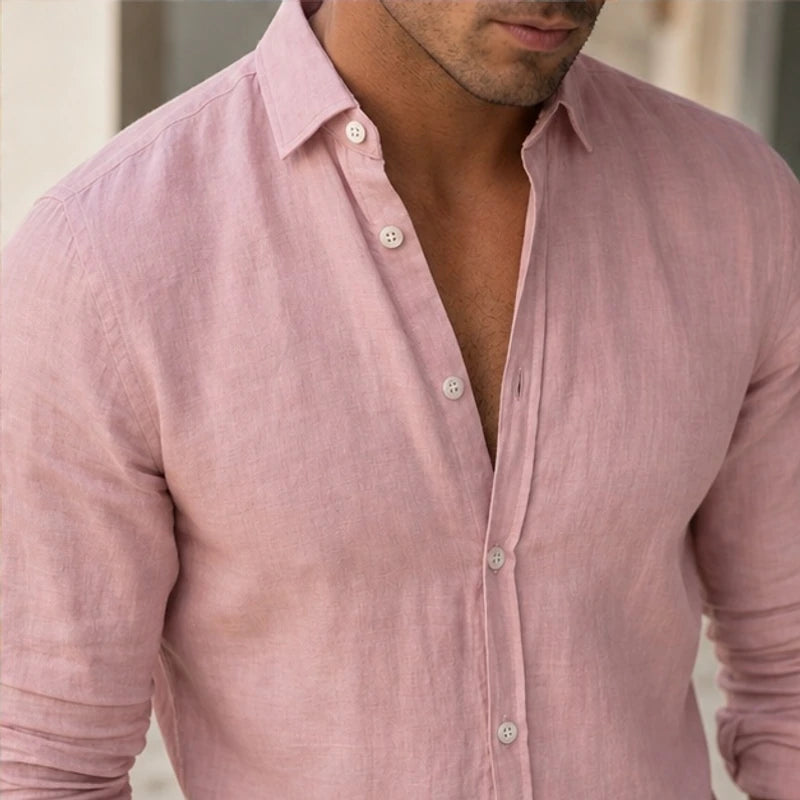 Denholm Linen Button-Up Shirt - Blush Pink - linen blend - Brondals - Image 4